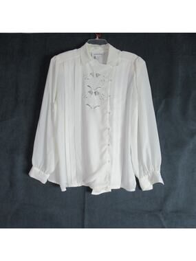 Vintage Josephine Top Womens 36 White Floral Cutout Pleated Sheer Blouse Work